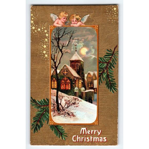 Vintage Merry Christmas Postcard with Angels & Snowy Church Scene - Picture 1 of 2